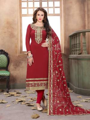 Pretty Angelic Look Is Here With This Designer Straight Cut Suit In Red Color Paired With Red Colored Bottom And Dupatta. Its Top Is Fabricated On Georgette Paired With Santoon Bottom And Chiffon Dupatta. It Is Light Weight And ensures Superb Comfort All Day Long.