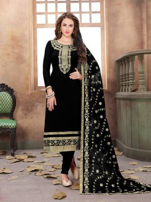 For A Bold And Beautiful Look, Grab This Designer Straight Cut Suit In Black Color Paired With Black Colored Bottom And Dupatta. Its Top Is Fabricated On Georgette Paired With Santoon Bottom And Chiffon Dupatta. Buy This Lovely Suit Now.