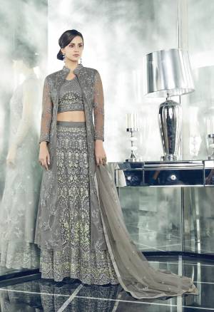 New And Unique Patterned Indo-Western Suit Is Here In Grey Color Paired With Grey Colored Bottom And Dupatta. Its Top And Dupatta Are Fabricated On Net Paired With Santoon Bottom. Additionally This Dress Comes With Net fabricated Lehenga And Jacket, You Can Pair Up As Per Your Occasion.