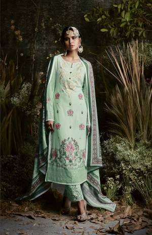 Heavy Designer Straight Cut Suit Is Here In Sea Green Color Paired With Sea Green Colored Bottom And Dupatta. Its Top Is Fabricated On Georgette Paired With Santoon Bottom And Chiffon Dupatta. Its Top, Bottom And Dupatta Are Beautified With Resham Embroidery And Stone Work.