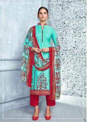 You Will Definitely Earn lots Of Compliments Wearing This Suit In Turquoise Blue Colored Top Paired With Contrasting Magenta Pink Colored Bottom And Turquoise Blue Colored Dupatta. Its Top Is Fabricated On Cambric Cotton Paired With Cotton Bottom And Chiffon Dupatta. Buy This Dress Material Now.
