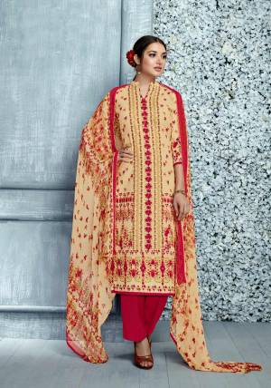 Simple Dress Material Is Here Suitable For Your Casual Wear In Cream Color Paired With Dark Pink Colored Bottom And Dupatta. Its Top Is Fabricated On Cambric Cotton Paired With Cotton Bottom And Chiffon Dupatta.