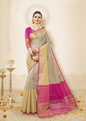 Grab This Rich And Elegant Looking Saree In Pale Grey Color Paired With Pink Colored Blouse. This Saree And Blouse Are Fabricated On Cotton Handloom Silk Which Is Light Weight And Easy To Carry All Day Long.