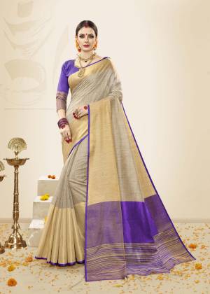 Here A Beautiful Attractive Combination With This Saree In Pale Grey Color Paired With Purple Colored Blouse. This Saree And Blouse Are Fabricated On Cotton Handloom Silk. Its Both The Fabrics Ensures Superb Comfort All Day Long. Buy It Now,