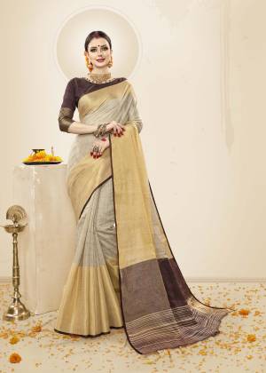 Bold And Beautiful Look Is Here With This Pretty Saree In Pale Grey Color Paired With Brown Colored Blouse. This Saree And Blouse Are Fabricated On Cotton Handloom Silk Which Is Light Weight And Easy To carry All Day Long.