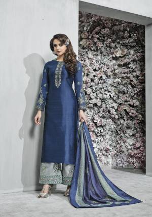Elegant Looking Combination Is Here With This Designer Readymade Suit In Blue Colored Top Paired With Grey Colored Bottom And Blue Colored Dupatta. Its Readymade Top Is Fabricated On Art Silk Paired With Unstiched Santoon Fabricated Bottom And Muslin Dupatta. You Can Its Bottom Stitched Into Pants Or Plazzo As Per Your Wish.