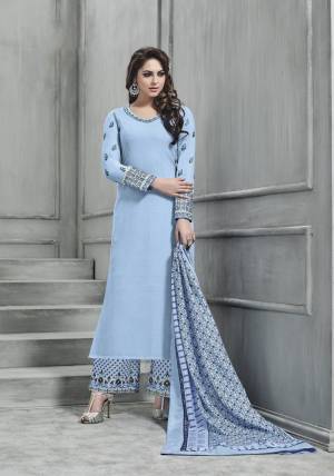 Flaunt Your Rich And Elegant Taste Wearing This Designer Straight Cut Suit In Light Blue Color Paired With Light Blue Colored Bottom And Light Blue Colored Dupatta. Its Top Is Fabricated On Art Silk Paired With Santoon Bottom And Muslin Dupatta. It Is Beautified With Embroidery All Over It.