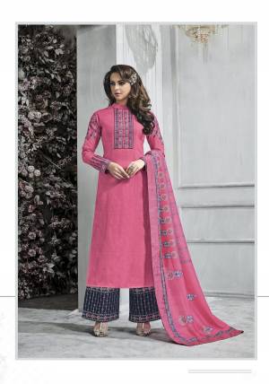 A Must Have Color In Every Womens Wardobe Is Here, Grab This Designer Straight Cut Readymade Suit In Pink Colored Top Paired With Contrasting Navy Blue Colored Bottom And Pink Colored Dupatta. Its Top Is Fabricated On Art Silk Paired With Santoon Bottom And Muslin Dupatta. Buy This Suit Now.