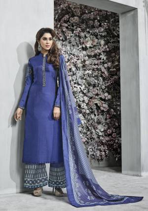 Flaunt Your Rich And Elegant Taste Wearing This Designer Straight Cut Suit In Blue Color Paired With Blue Colored Bottom And Blue Colored Dupatta. Its Top Is Fabricated On Art Silk Paired With Santoon Bottom And Muslin Dupatta. It Is Beautified With Embroidery All Over It.