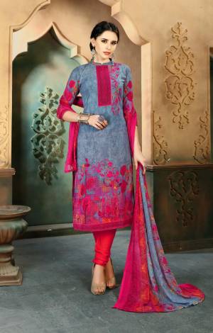 Flaunt Your Rich And Elegant Taste Wearing This Suit In Grey Colored Top Paired With Contrasting Dark Pink Colored Bottom And Grey And Pink Colored Dupatta. Its Top, Bottom And Dupatta Are Fabricated On Cotton Beautified With Prints. Get This Dress Material Stitched As Per Your Desired Fit And Comfort.