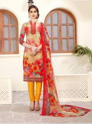 These Summer Make Yourself Comfortable With This Dress Material In Beige And Red Color Paired With Contrasting Yellow Colored Bottom And Beige And Red Colored Dupatta. Its Top,Bottom And Dupatta Are Fabricated On Cotton Beautified With Prints. 