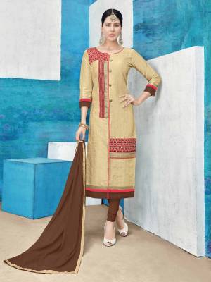 Simple And Elegant Looking Dress Material Is Here In Beige Colored Top Paired With Contrasting Brown Colored Bottom And Dupatta. Its Top Is Fabricated On Cotton Silk Paired With Cotton Bottom And Chiffon Dupatta. This Suit Is Light In Weight And Easy To Carry All Day Long.