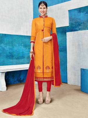 Orange And Red Color Induces Perfect Summery Appeal To Any Outfit, So Grab This Dress Material For The Summer In Orange Colored Top Paired With Contrasting Red Colored Bottom And Dupatta. Its Top Is Fabricated On Cotton Silk Paired With Cotton Bottom And Chiffon Dupatta. Get This Stitched As Per Your Desired Fit And Comfort. 