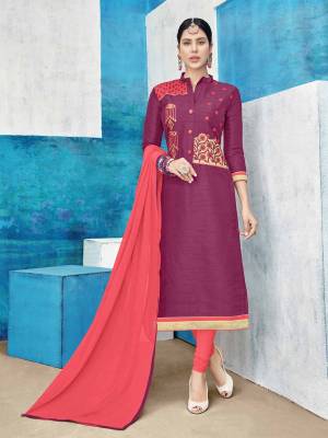 Add This Pretty Colors To Your Wardrobe With This Dress Material In Purple Colored Top Paired With Contrasting Pink Colored Bottom And Dupatta. Its Top Is Fabricated On Cotton Silk Paired With Cotton Bottom And Chiffon Dupatta. Buy Now.