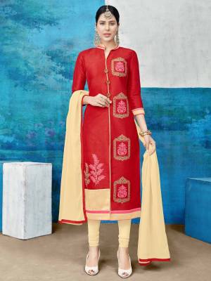 Adorn the Pretty Angelic Look Wearing This Straight Suit In Red Colored Top Paired With Cream Colored Bottom And Dupatta. Its Top Is Fabricated On Cotton Silk Paired With Cotton Bottom And Chiffon Dupatta. This Dress Material Is Light Weight And Easy To Carry All Day Long.