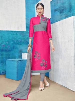 Bright And Visually Appealing Color Is Here With This Dress Material In Dark Pink Colored Top Paired With Contrasting Grey Colored Bottom And Dupatta. Its Top Is Fabricated On Cotton Silk Paired With Cotton Bottom And Chiffon Dupatta. Buy This Now Before The Stock Ends.