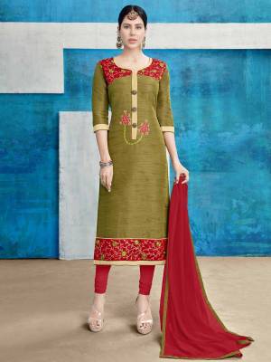 New and Unique Shade In Green Is Here With This Dress Material In Olive Green Colored Top Paired With Contrasting Red Colored Bottom And Dupatta. Its Top Is Fabricated On Cotton Silk Paired With Cotton Bottom and Chiffon Dupatta. It Is Light Weight, Soft Towards Skin And Easy To Care For.