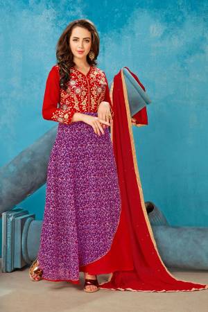 Here Is A Beautiful Designer Floor Length Suit In Purple And Red Color Paired With Red Colored Bottom And Dupatta. Its Top Is Fabricated On Georgette Paired With Santoon Bottom And Chiffon Dupatta. Its Top Is Beautified With Prints And Embroidery. Buy Now.