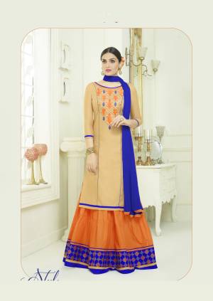 Simple And Elegant Looking Designer Lehenga Suit Is Here In Beige Colored Top Paired With Orange Colored Lehenga And Contrasting Royal Blue Colored Dupatta. Its Top And Lehenga Are Fabricated On Cotton Paired With Chiffon Dupatta. Buy It Now.
