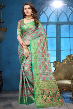 Look Pretty Wearing This Lovely Colored Saree In Aqua Blue Paired With Contrasting Green Colored Blouse. This Saree Is Fabricated On Jacquard Silk Paired With Art Silk Fabricated Blouse. Buy This Pretty Saree Now.