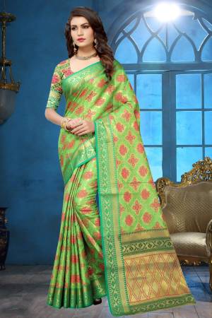 Simple and Elegant Looking Saree In Here In Green Color Paired With Green Colored Blouse. This Saree Is Fabricated On Jacquard Silk Paired With Art Silk Fabricated Blouse. It Is Durable and Easy To carry All Day Long.