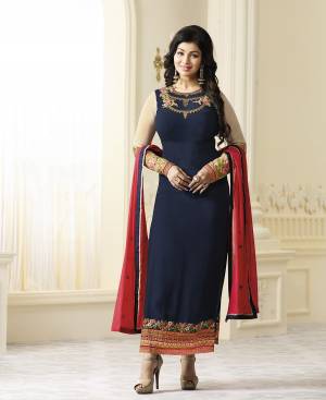 Enhance Your Personality Wearing This Designer Straight Cut Suit In Navy Blue Colored Top Paired With Navy Blue Colored Bottom And Contrasting Dark Pink Colored Dupatta. Its Top Is Fabricated On Georgette Paired With Santoon Bottom And Chiffon Dupatta. This Lovely Combination Will Definitely Earn You Lots Of Compliments From Onlookers. 