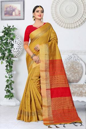 Celebrate This Festive Season Wearing This Saree In Musturd Yellow Color Paired With Contrasting Red Colored Blouse. This Saree And Blouse Are Fabricated On Kanjivaram Art Silk Which Gives A Rich Look To Your Personality.