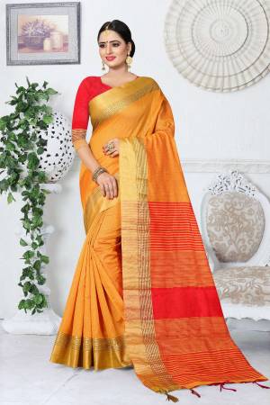Celebrate This Festive Season Wearing This Saree In Yellow Color Paired With Contrasting Red Colored Blouse. This Saree And Blouse Are Fabricated On Kanjivaram Art Silk Which Gives A Rich Look To Your Personality.