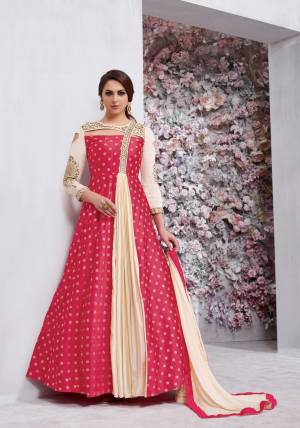 Grab This Beautiful Designer Radymade Suit In Dark Pink And Cream Colored Top Paired With Cream Colored Bottom And Dupatta. Its Top Is Fabricated On Art Silk Paired With Santoon Bottom And Chiffon Dupatta. Its Top Is Fully Stitched With Extra Margin And Unstitched Bottom. Buy This Suit Now.