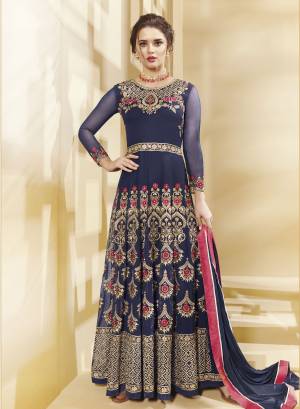 Grab This Beautiful Designer Floor Length Suit In Navy Blue Color Paired With Navy Blue Colored Bottom And Dupatta. Its Top Is Fabricated On Georgette Paired With Navy Blue Colored Bottom And Dupatta. Its Top Is Fabricated On Georgette Paired With SAntoon Bottom And Chiffon Dupatta. This Suit Is Light In Weight And Easy To Carry All Day Long.
