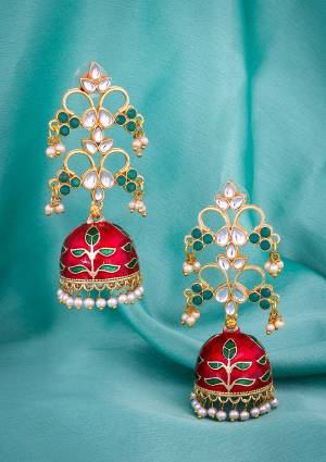 Lovely Patterned Earrings Set Is Here In Golden And Red Color In Jhumki Style. This Pretty Earrings Set Is Beautified With Stone And Moti Work. Buy This Lovely Pair Now.