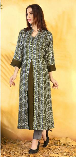 New And Unique Patterned Readymade Kurti Is Here In Olive Green Color Fabricated On Rayon Cotton Beautified With Intricate Prints All Over It. This Kurti Is Soft Towards Skin And Easy To Carry All Day Long.