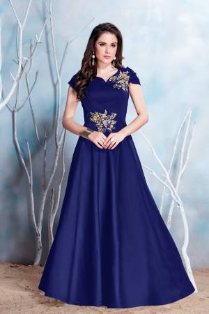 You Will Definitely Earn Lots Of Compliments Wearing This Designer Floor Length Readymade Gown In Navy Blue Color Fabricated On Modal Satin Beautified With Embroidered Patch Work. Buy This Gown Now.