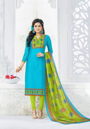 Grab This Pretty Dress Material In Turquoise Blue Colored Top Paired With Contrasting Light Green Colored Bottom And Dupatta. Its Top Is Fabricated On Chanderi Cotton Paired With Cotton Bottom And Dupatta. It Is Beautified With Digital Prints. Buy Now.