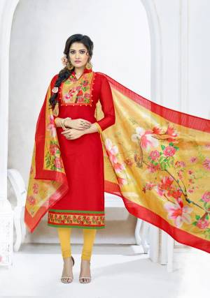 Adorn The Pretty Angelic With This Dress Material In Red Colored Top Paired With Cream Colored Bottom And Dupatta. Its Top Is Fabricated On Chanderi Cotton Paired With Cotton Bottom And Dupatta. It Has Lovely Floral Digital Prints.  Buy This Dress Material Now.