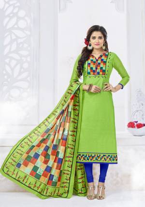 IF Those Readymade Suit Does Not Lend You The Desired Comfort Than Grab this Dress Material In Light Green Colored Top Paired With Contrasting Royal Blue Colored Bottom And Light Green Dupatta. Its Top Is Fabricated On Chanderi Cotton Paired With Cotton Bottom And Dupatta. Get This Stitched As Per Your Desired Fit And Comfort. 