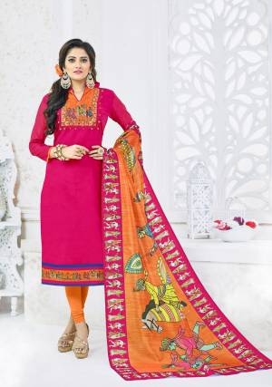 Attract All Wearing This Dress Material In Dark Pink Colored Top Paired With Contrasting Orange Colored Bottom And Dupatta. Its Top Is Fabricated On Chanderi Cotton Paired With Cotton Bottom And Dupatta. It Has Beautiful Digital Prints Over The Dupatta. 