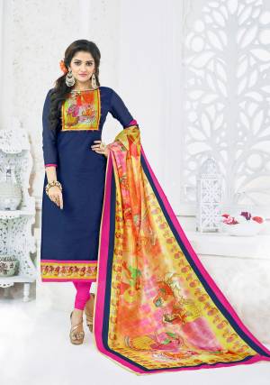 Enhance Your Personlaity Wearing This Dress Material In Navy Blue Colored Top Paired With Dark Pink Colored Bottom And Multi Colored Dupatta. Its Top Is Fabricated On Chanderi Cotton Paired With Cotton Bottom And Dupatta. Buy This Dress Material Now.