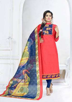 A Must Have Shade In Every Womens Wardrobe Is Here With This Suit In Peach Colored Top Paired with Dark Blue Colored Bottom And Dupatta. This Dress Material Is Fabricated On Chanderi Cotton Paired With Cotton Bottom And Dupatta. IT Has Beautiful Digital Printed Dupatta. Buy Now.