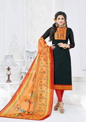For A Bold And Beautiful Look, Grab This Dress Material In Black Colored Top Paired With Orange Colored Bottom And Dupatta. Its Top Is Fabricated On Chanderi Cotton Paired With Cotton Bottom And Dupatta. All Its Fabrics Ensures Superb Comfort All Day Long.