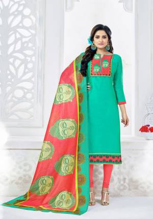 Grab This Beautiful And Attractive Dress Material In Sea Green Colored Top Paired With Contrasting Peach Colored Bottom And Dupatta. Its Top Is Fabricated On Chanderi Cotton Paired With Cotton Bottom And Dupatta. It Is Beautified With Digital Prints. Buy This Suit Now.