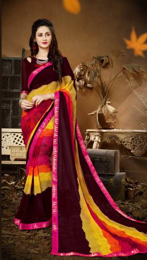 New And Unique Shade Is Here With This Saree In Wine And Multi Color Paired With Wine Colored Blouse. This Saree And Blouse Are Fabricated On Georgette Beautified With Multi Colored prints. Buy This Attractive Saree Now.