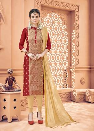 If Those Readymade Suit Does Not Lend You The Desired Comfort Than Grab This Dress Material In Maroon Colored Top Paired With Cream Colored Bottom And Dupatta. Its Top Is Fabricated On Banarasi Art Silk Paired With Cotton Bottom And Khadi Silk Dupatta. Get This Stitched As Per Your Desired Fit And Comfort.
