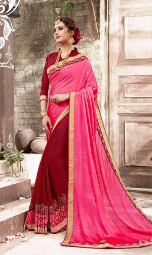 Look Beautiful And Attractive Wearing This Saree In Pink And Maroon Color Paired With Maroon Colored Blouse. This Saree Is Fabricated On Georgette Paired With Art Silk Fabricated Blouse. It Has Attractive Embroidered Lace Border. Buy This saree Now.