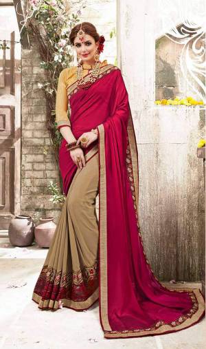 You Will Definitely Earn Lots Of Compliments Wearing This Designer Saree In Magenta Pink And Beige Color Paired With beige Colored Blouse. This Saree Is Fabricated On Satin And Georgette Paired With Art Silk Fabricated Blouse. Buy This Designer Saree Now.