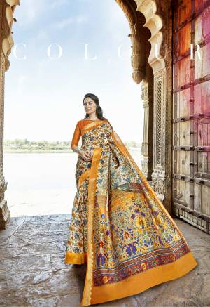 Grab This Pretty Attractive Saree In White And Yellow Color Paired With Yellow Colored Blouse. This Saree And Blouse Are Fabricated On Cotton Silk Beautified With Contrasting Colored Floral Prints All Over It.