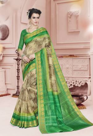 Simple Saree Is Here For Your Casual wear In Beige And Green Color Paired With Green Colored Blouse. This Saree And Blouse Are Fabricated On Cotton Silk Beautified With Simple Prints. Buy This Saree Now.