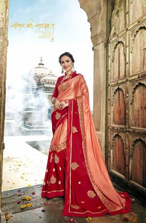 Adorn The Angelic Look Wearing This Designer Saree In Peach And Red Color Paired With Red Colored Blouse. This Saree Is Fabricated On Lycra And Georgette Paired With Art Silk Fabricated Blouse. It Has Beautiful Embroidered Motifs And Lace Border. 