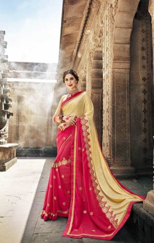 Look Attractive Wearing this Designer Saree In Beige And Pink Color Paired With Beige Colored Blouse, This Saree Is Fabricated On Lycra And Georgette Paired With Art Silk Fabricated Blouse. This Designer Saree Has Unique Patterned Embroidery. Buy Now.