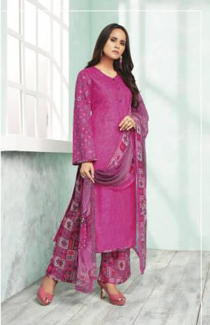 Grab This Designer Straight Cut Suit In Rani Pink Color Paired With Rani Pink Colored Bottom And Dupatta. Its Top And Bottom Are Fabricated On Cotton Paired With Chiffon Fabricated Dupatta. It Is Beautified With Prints And Thread Work Over The Sleeves.